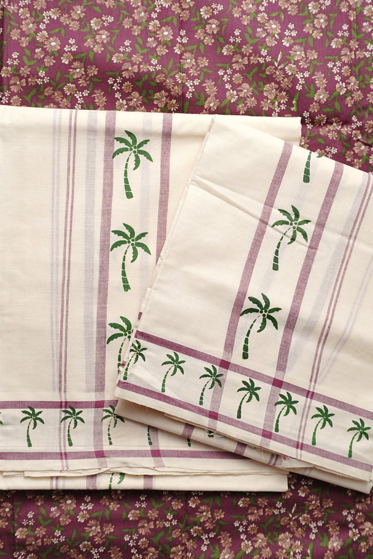 Theng Wine Coconut Printed Settumund with Matching Blouse Material