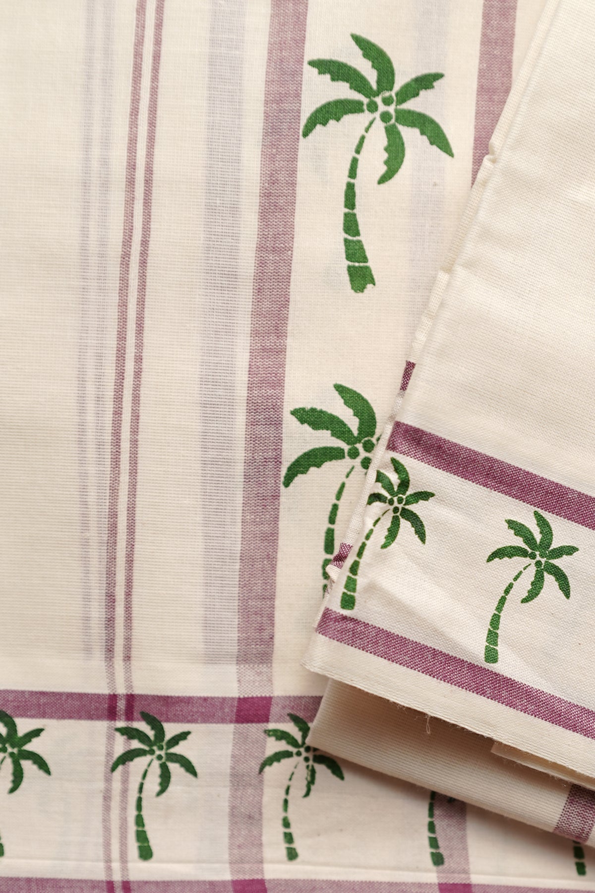 Theng Wine Coconut Printed Settumund with Matching Blouse Material