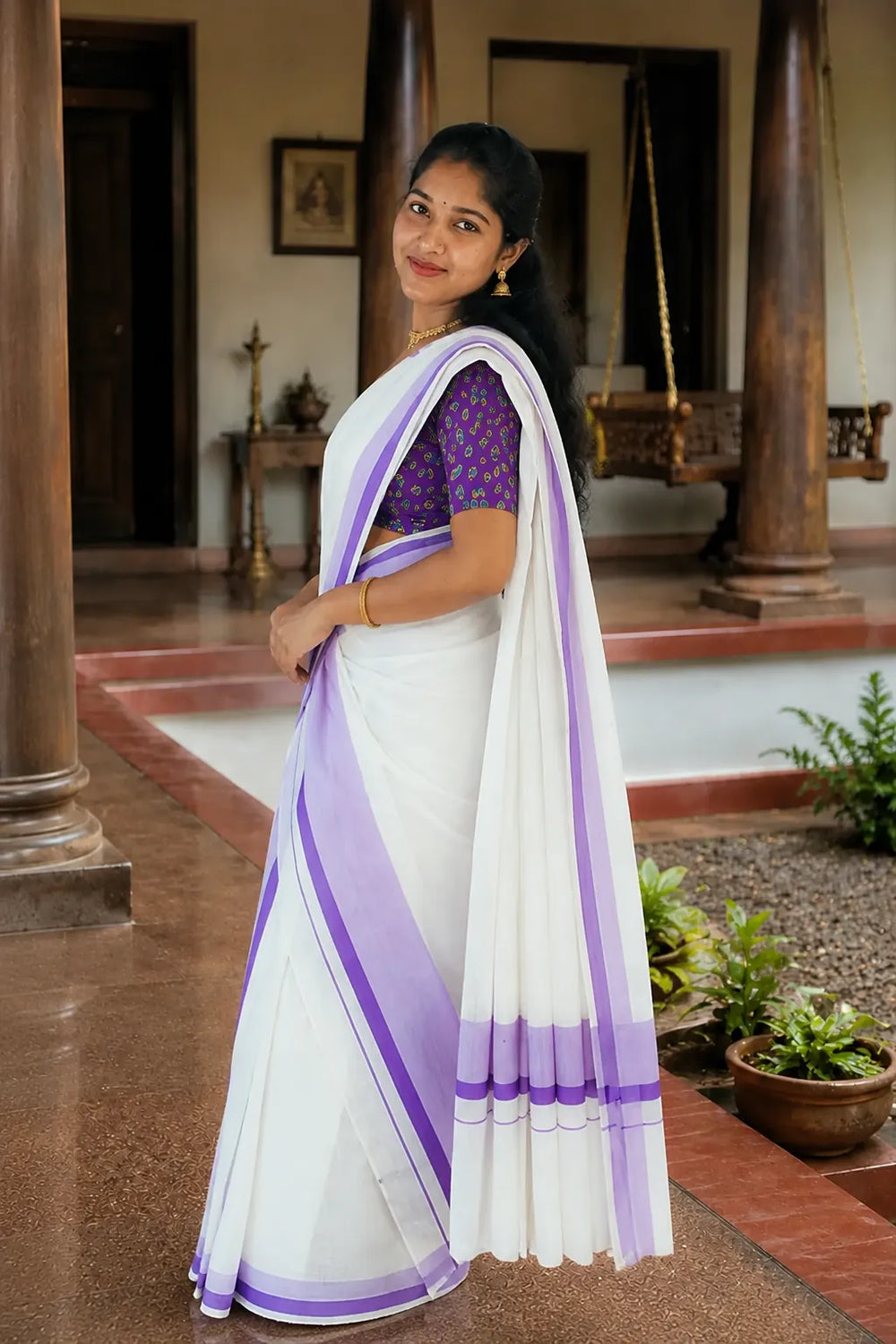 Mridula - Violet Kattikkara Settumundu with Printed Blouse Material