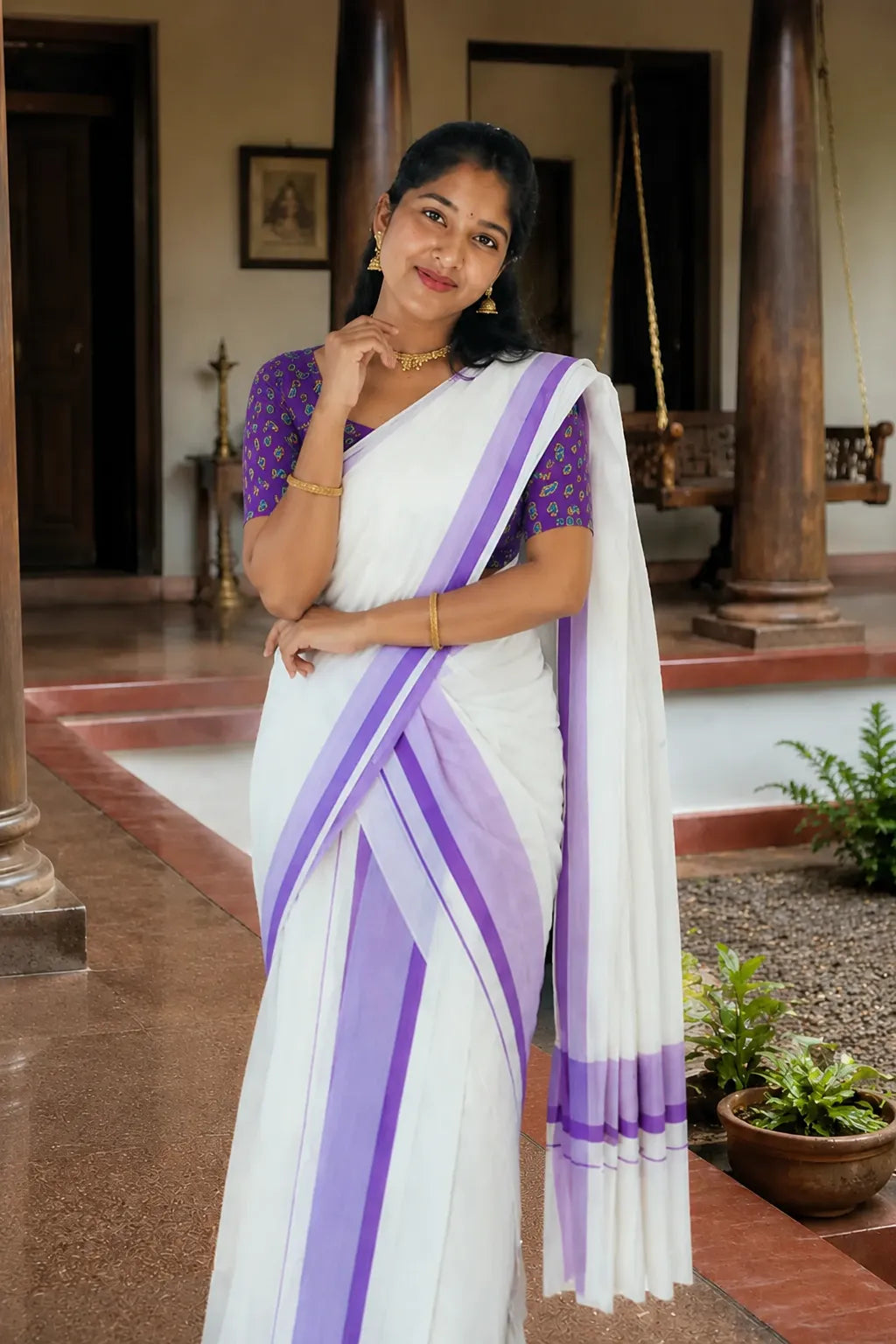Mridula - Violet Kattikkara Settumundu with Printed Blouse Material