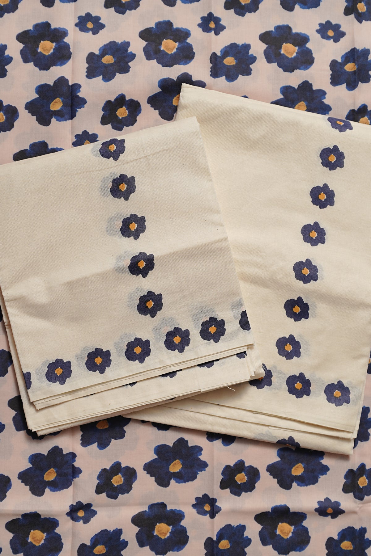 Velippoo - Violet and Yellow Flower Printed Settumund with Matching Blouse Material
