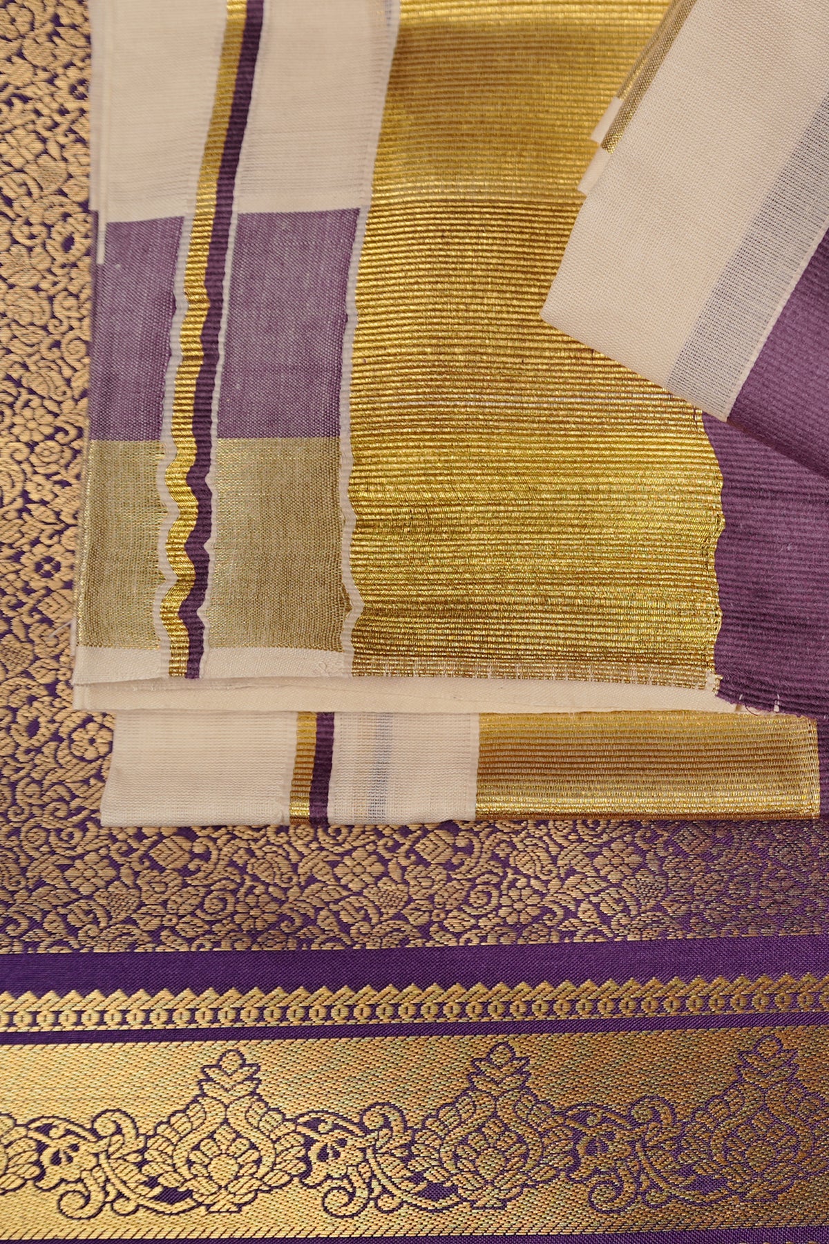 Aathira – Violet and Golden Kasav Settumund with Brocade Blouse Material