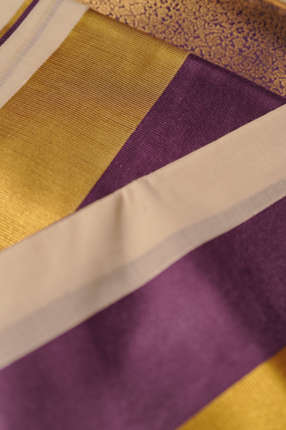 Aathira – Violet and Golden Kasav Settumund with Brocade Blouse Material