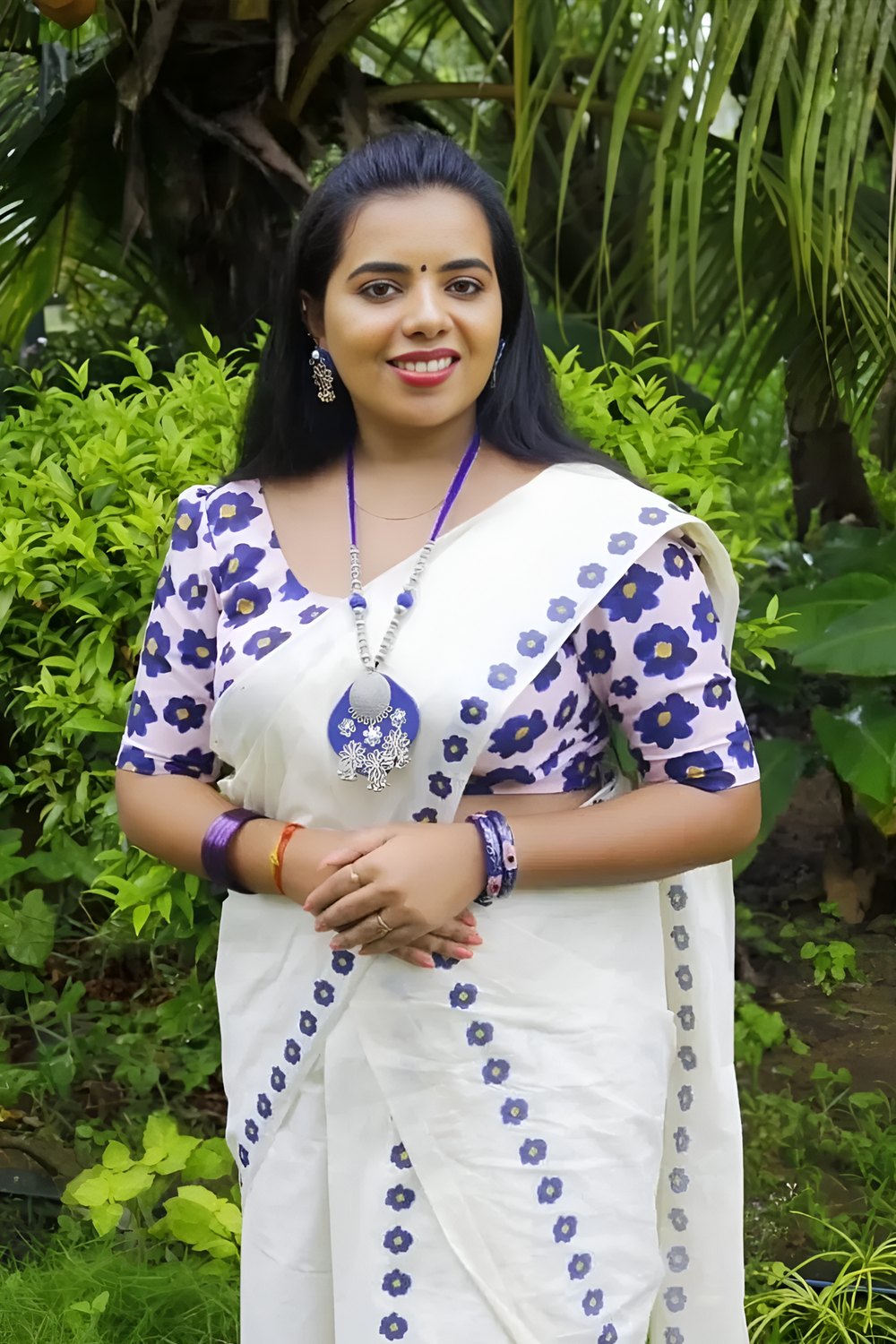 Velippoo - Violet and Yellow Flower Printed Settumund with Matching Blouse Material