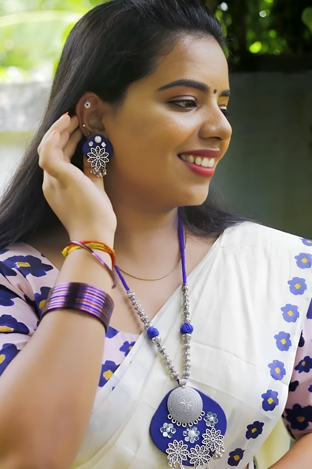 Velippoo - Violet and Yellow Flower Printed Settumund with Matching Blouse Material