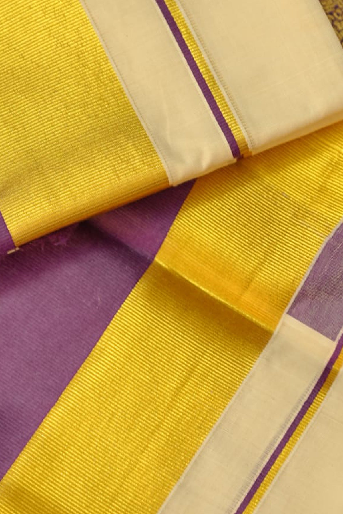 Aathira – Violet and Golden Kasav Settumund with Brocade Blouse Material