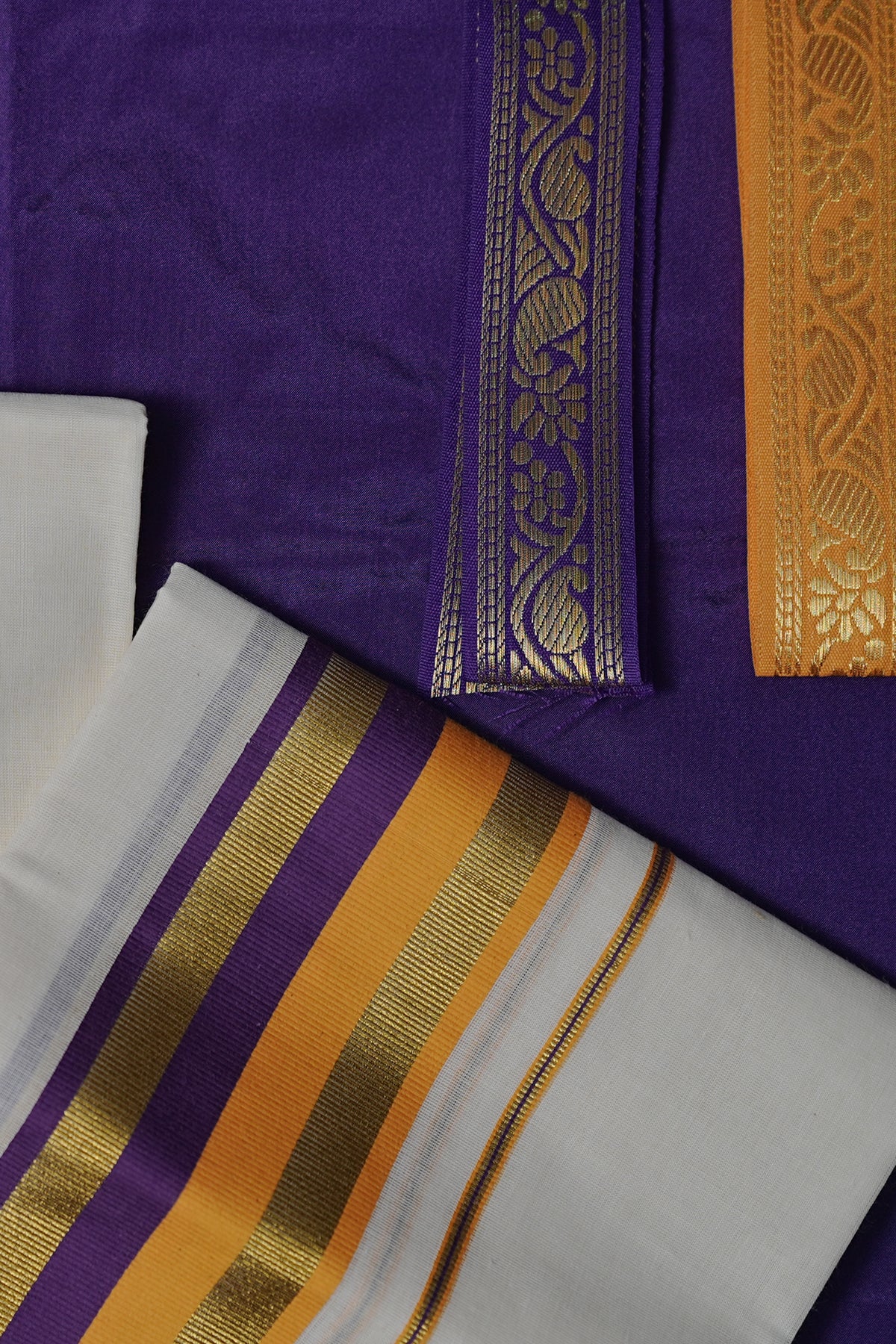 Yamuna – Violet and Yellow Kasav Settumund with Matching Blouse Material