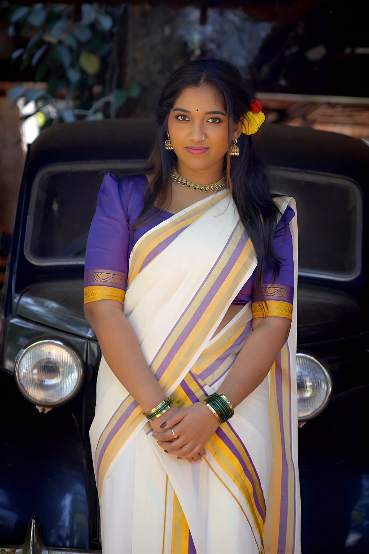 Yamuna – Violet and Yellow Kasav Settumund with Matching Blouse Material