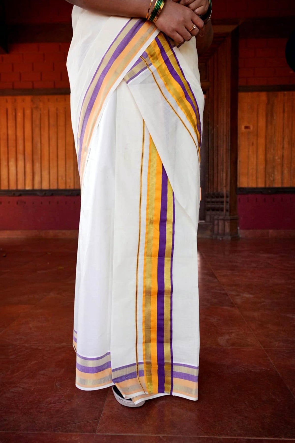 Yamuna – Violet and Yellow Kasav Settumund with Matching Blouse Material