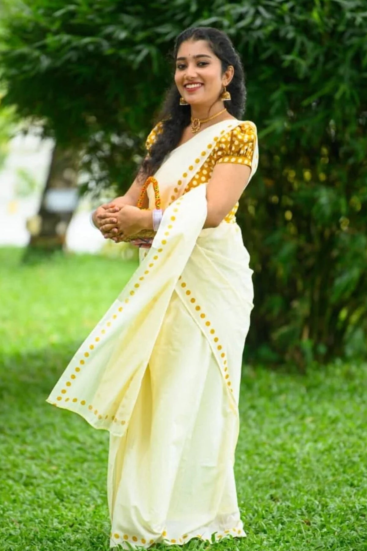 Yellow Pottu - Yellow color Dots Screen Printed Settumund with Matching Blouse Material