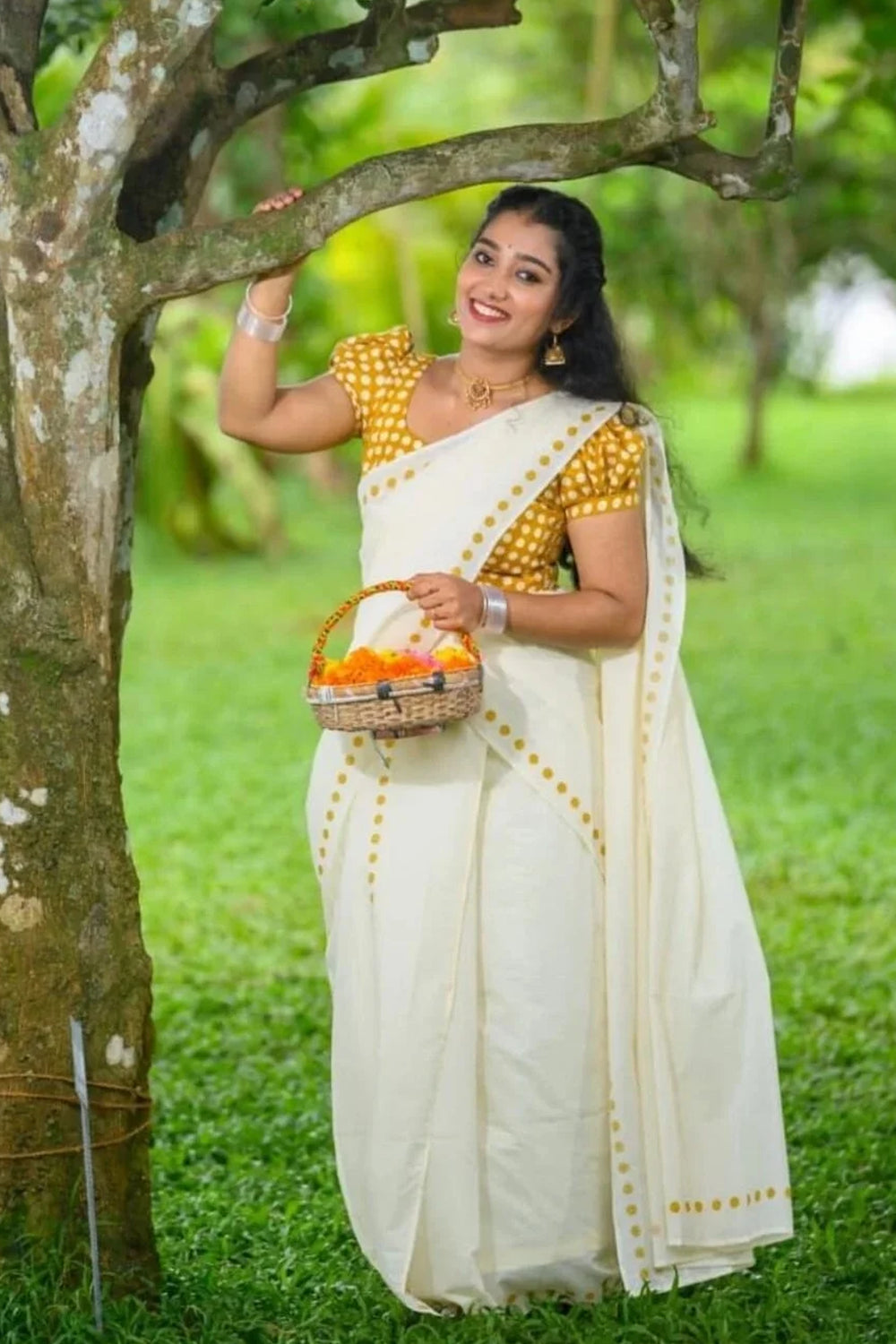 Yellow Pottu - Yellow color Dots Screen Printed Settumund with Matching Blouse Material