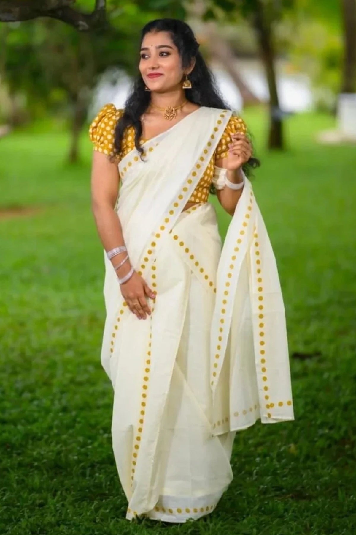 Yellow Pottu - Yellow color Dots Screen Printed Settumund with Matching Blouse Material