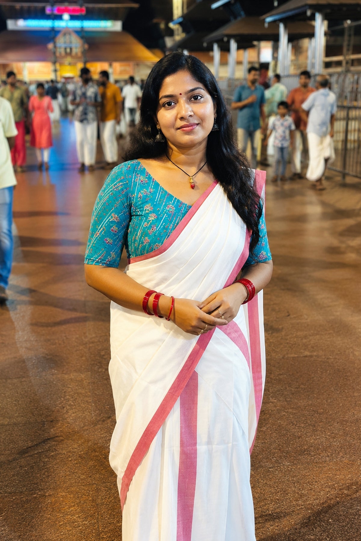 Ambujam - Red Mulloth Settumund with Matching Printed Blouse Material