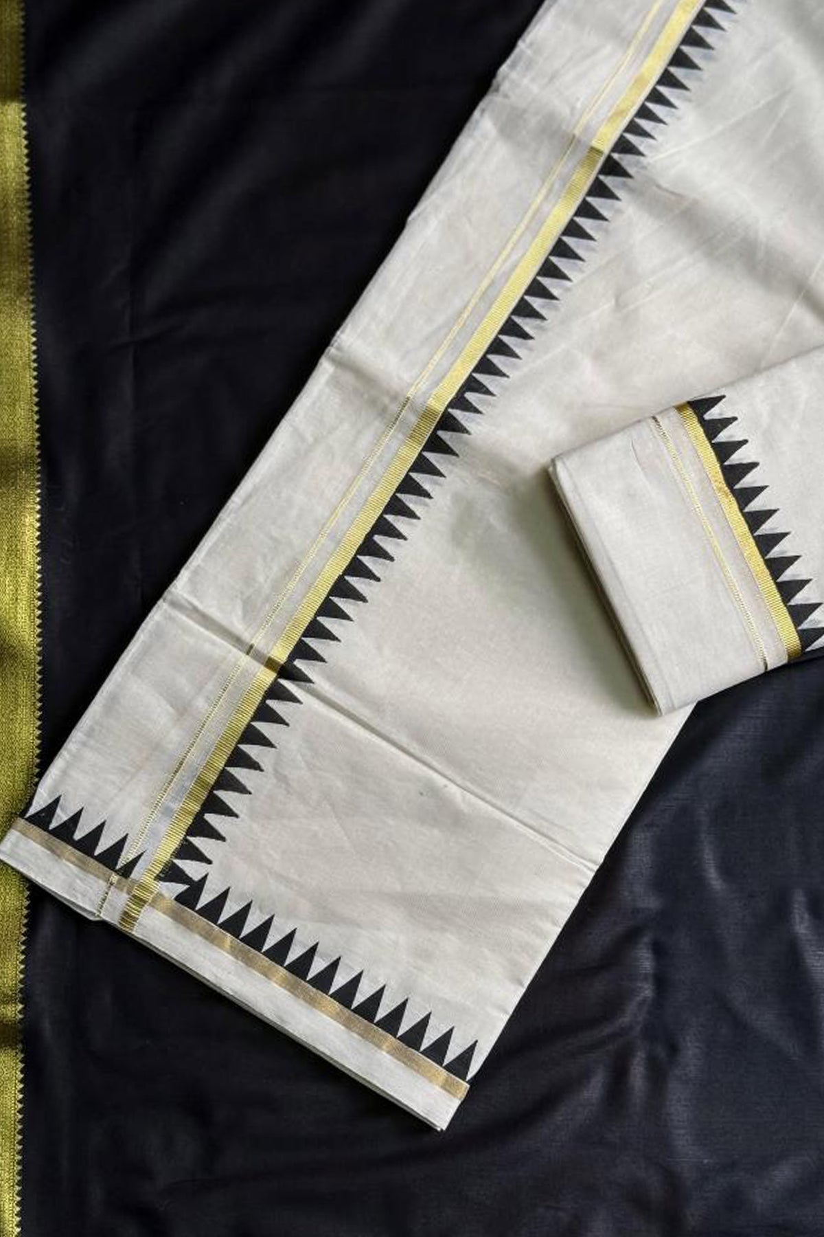 Bhama – Black Temple Printed Settumund with Kasav Border Blouse Material
