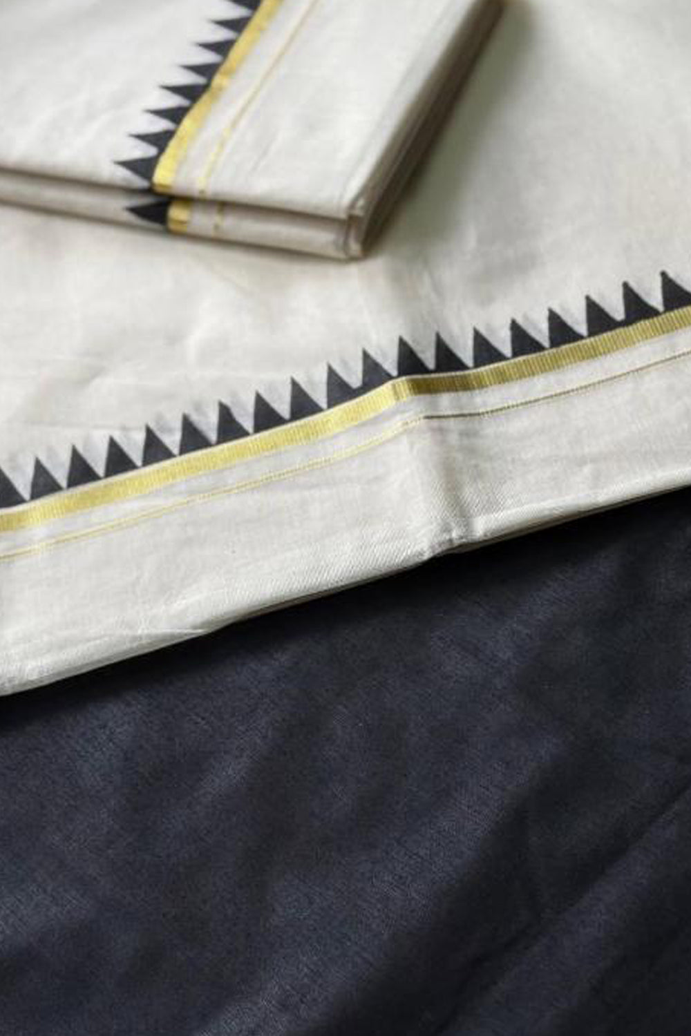 Bhama – Black Temple Printed Settumund with Kasav Border Blouse Material
