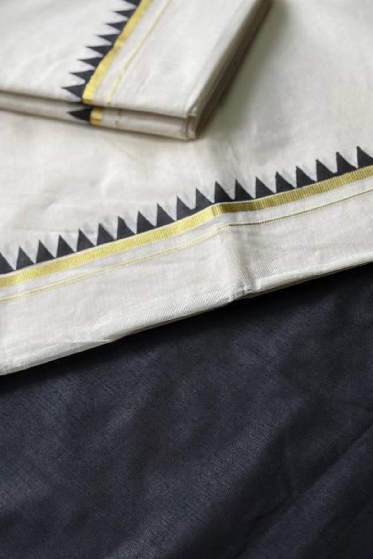 Bhama – Black Temple Printed Settumund with Kasav Border Blouse Material