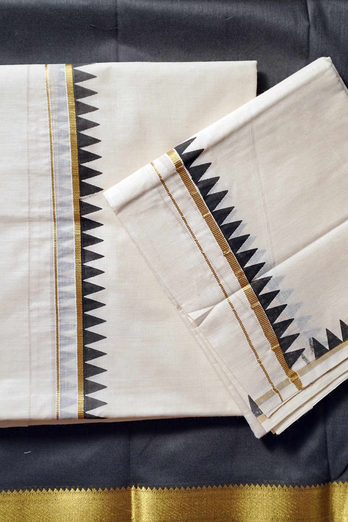 Bhama – Black Temple Printed Settumund with Kasav Border Blouse Material