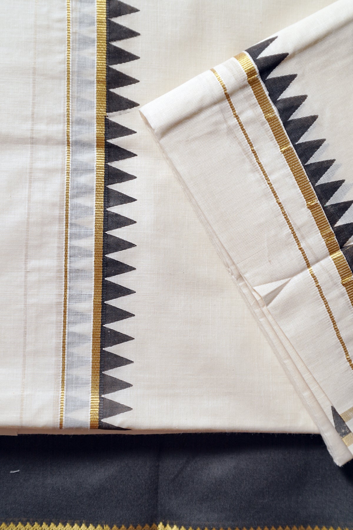 Bhama – Black Temple Printed Settumund with Kasav Border Blouse Material