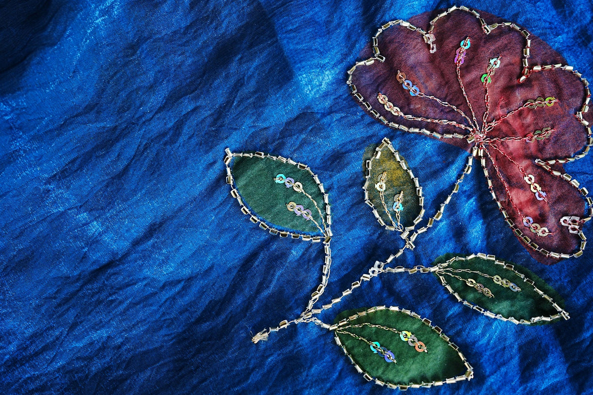 Close-up of blue glitter print border and leaf motifs