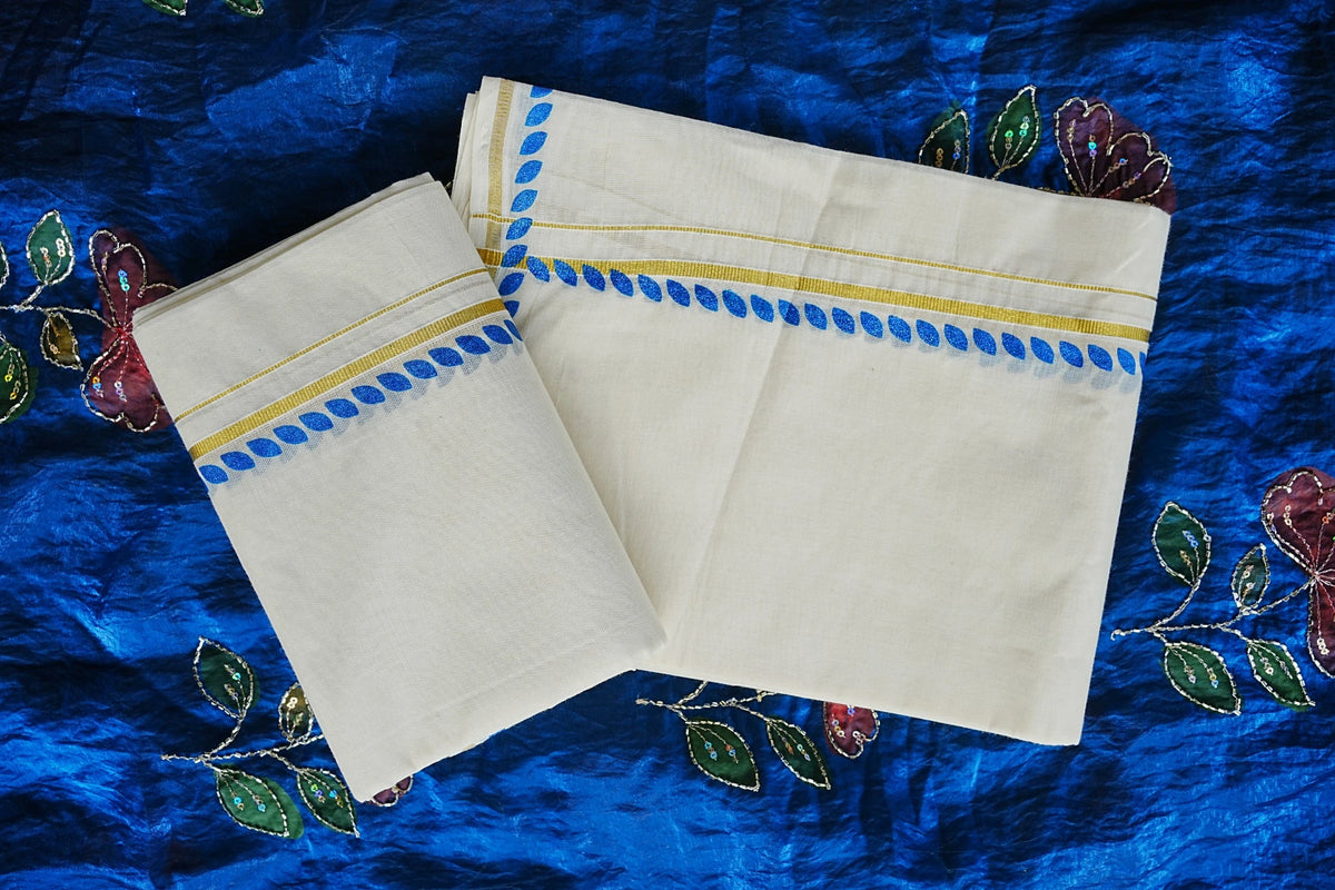 Blue Glitter Print Settumundu with matching blouse material, full product view