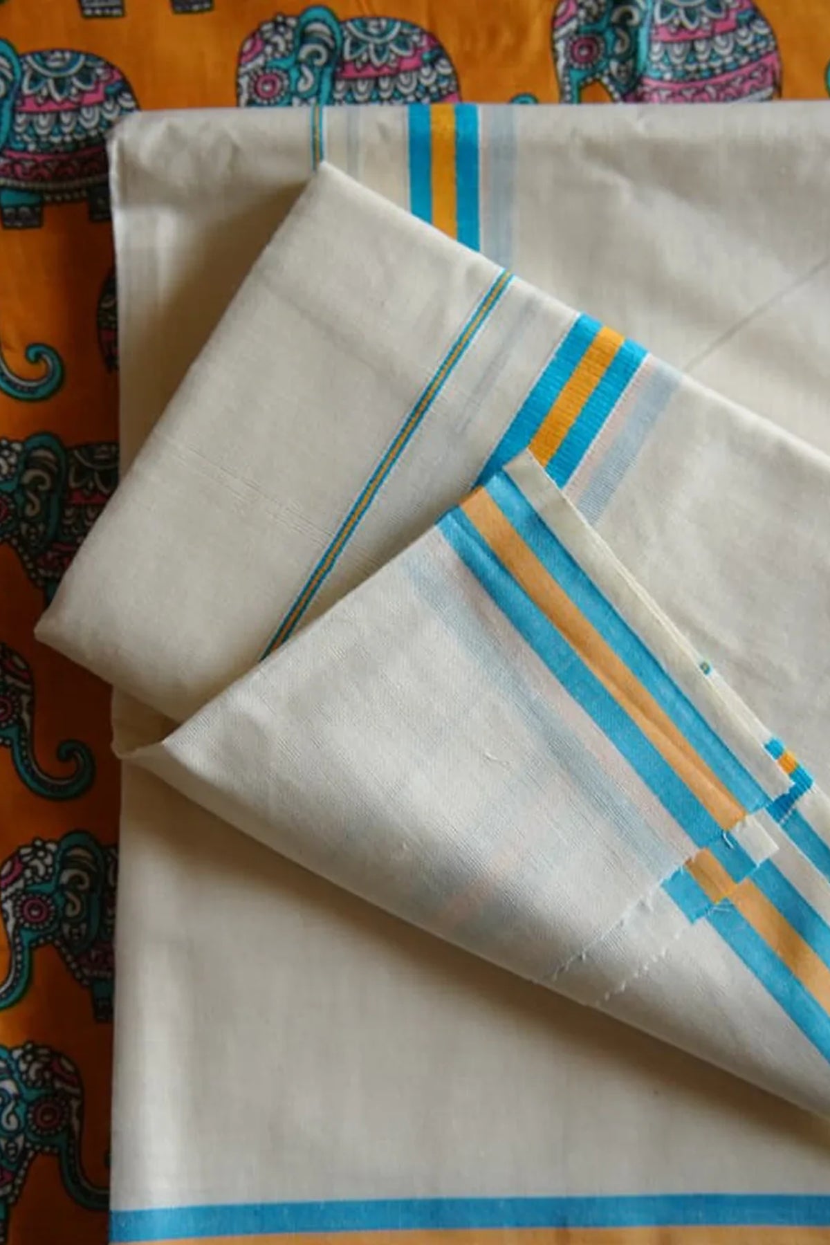 Gajamanthra - Yellow & Blue Kattikkara Settu Mundu with Elephant Printed Blouse Material