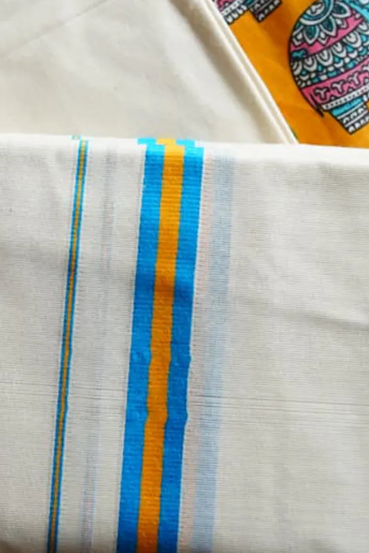 Gajamanthra - Yellow & Blue Kattikkara Settu Mundu with Elephant Printed Blouse Material