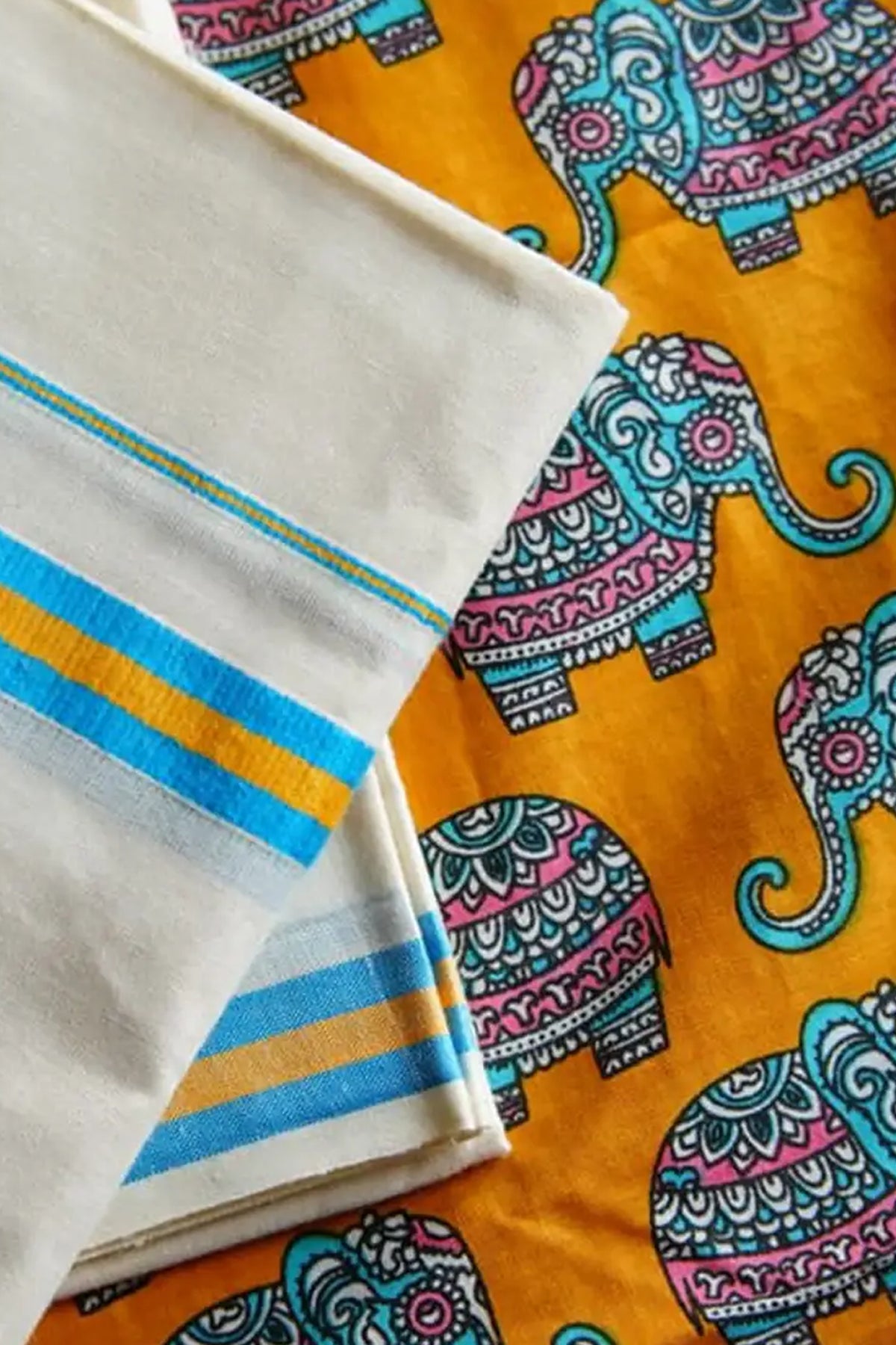 Gajamanthra - Yellow & Blue Kattikkara Settu Mundu with Elephant Printed Blouse Material