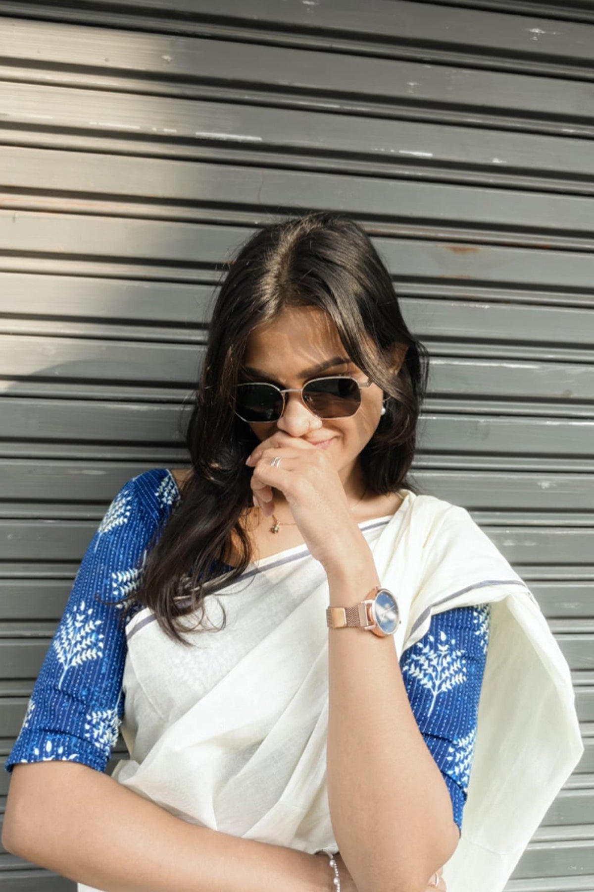 Gouri - Blue Puliyilakkara Settumund with Kantha Cotton Blouse Material