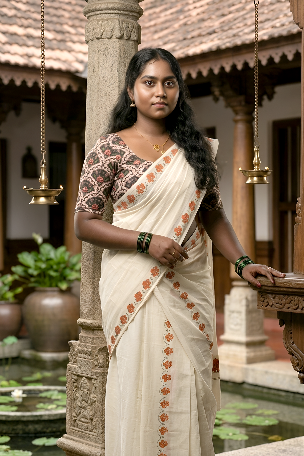Kanakambaram- Orange and Green Kanakambaram Printed Settumund With Matching Blouse Material