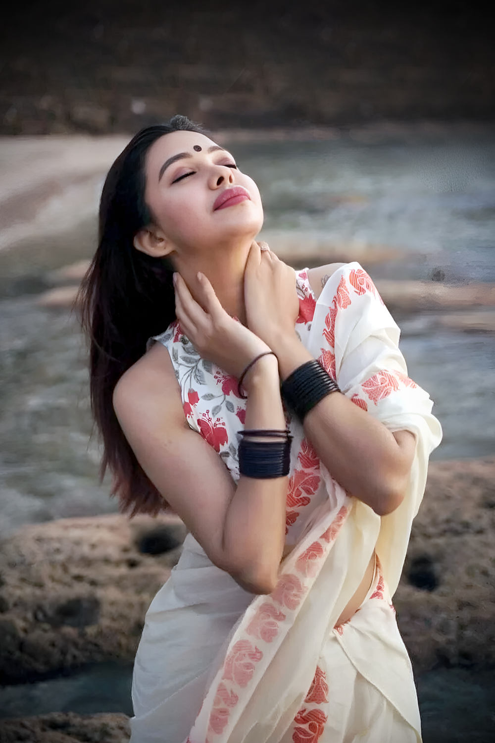 Kanmashi - Orange Swan Printed Settumund with Matching Blouse Material