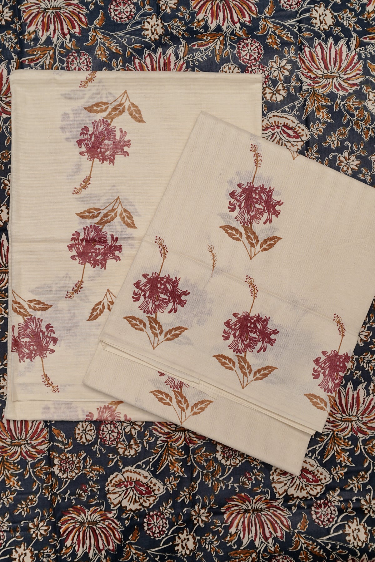 Njali Chembarathi - Floral Printed Settumund with Matching Blouse Material