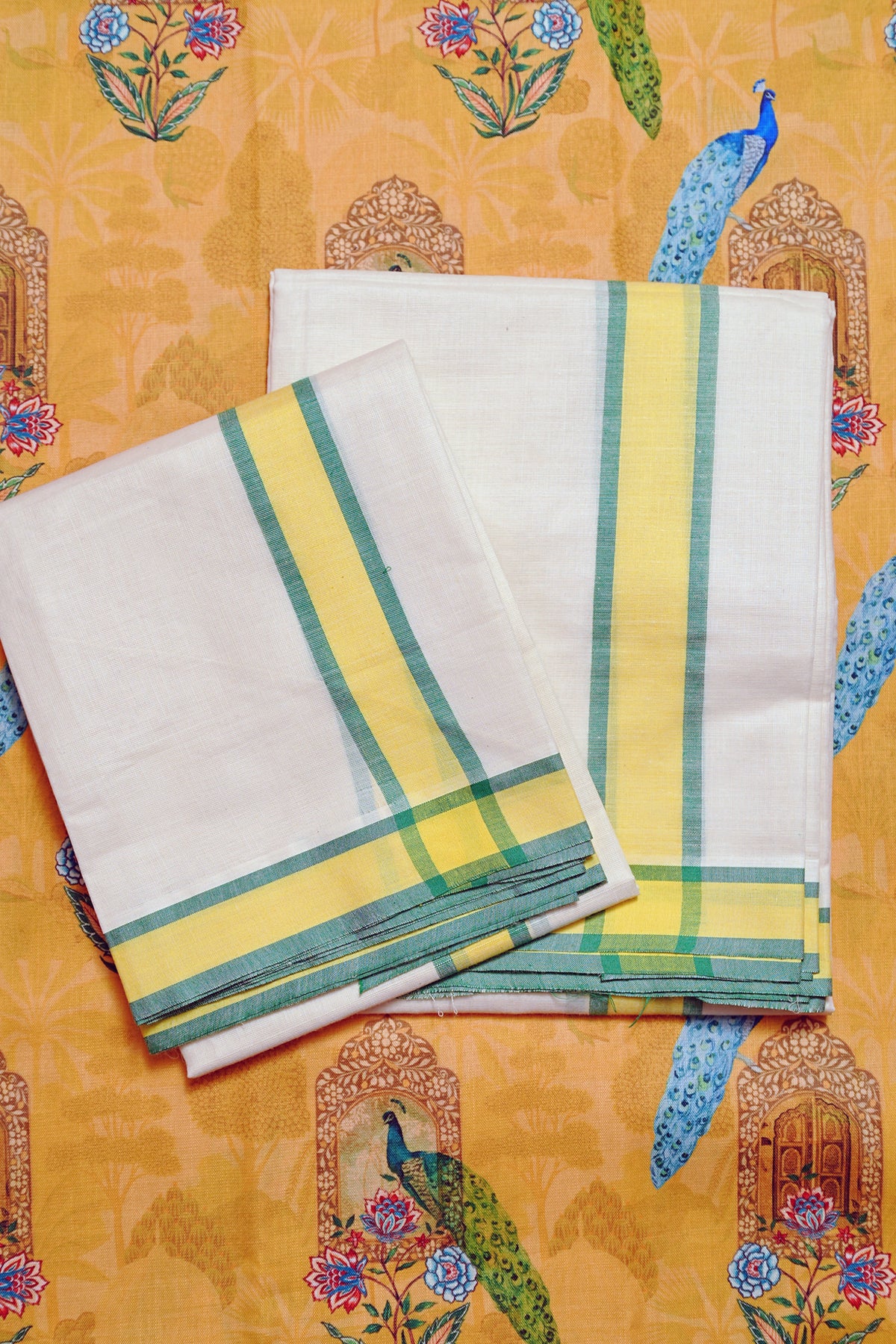 Peeli - Pure Cotton Traditional Kerala Mulloth Settumund with Peacock Printed Blouse Material