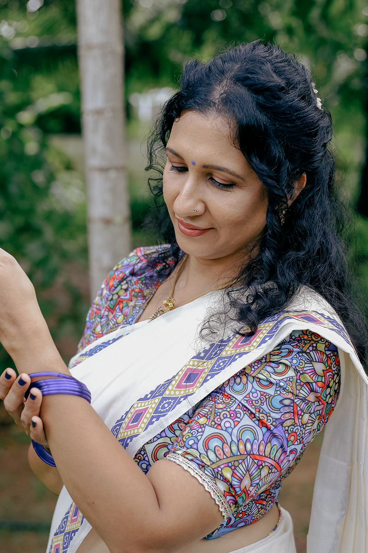Pookkalam - Multicoloured Diamond Design Screen Printed Settumund with vibrant Coloured Blouse Material