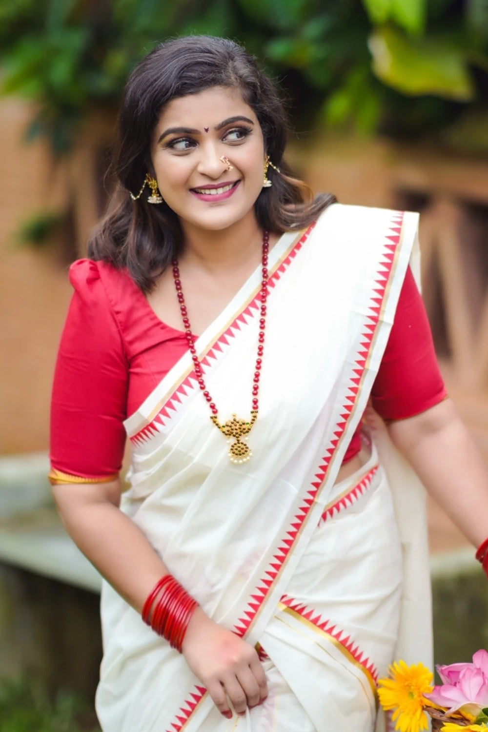 Bhadra – Red Temple Printed Settumund with Kasav Border Blouse Material