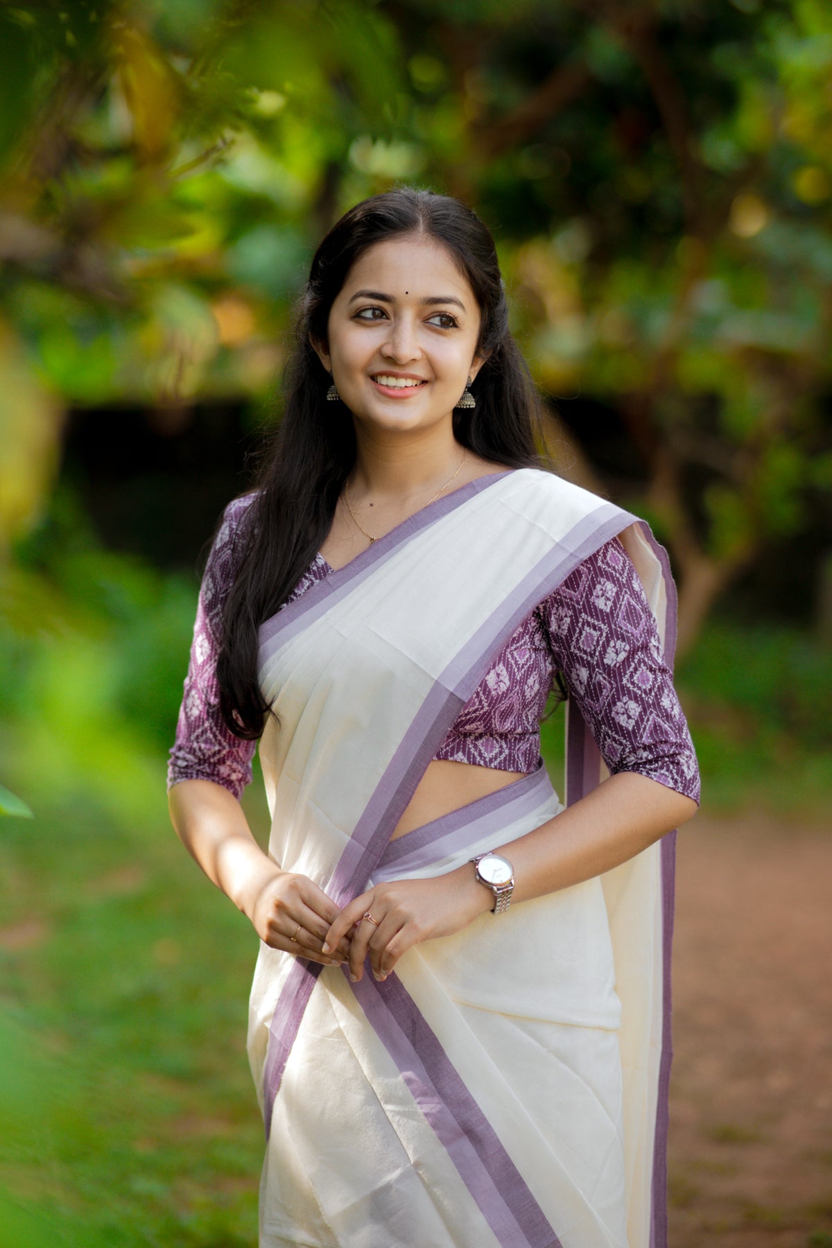 Sree - Mulloth Settumund with Kantha Cotton Blouse Material
