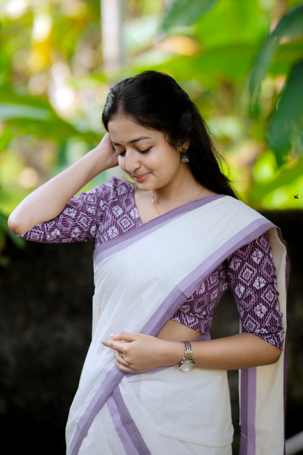 Sree - Mulloth Settumund with Kantha Cotton Blouse Material