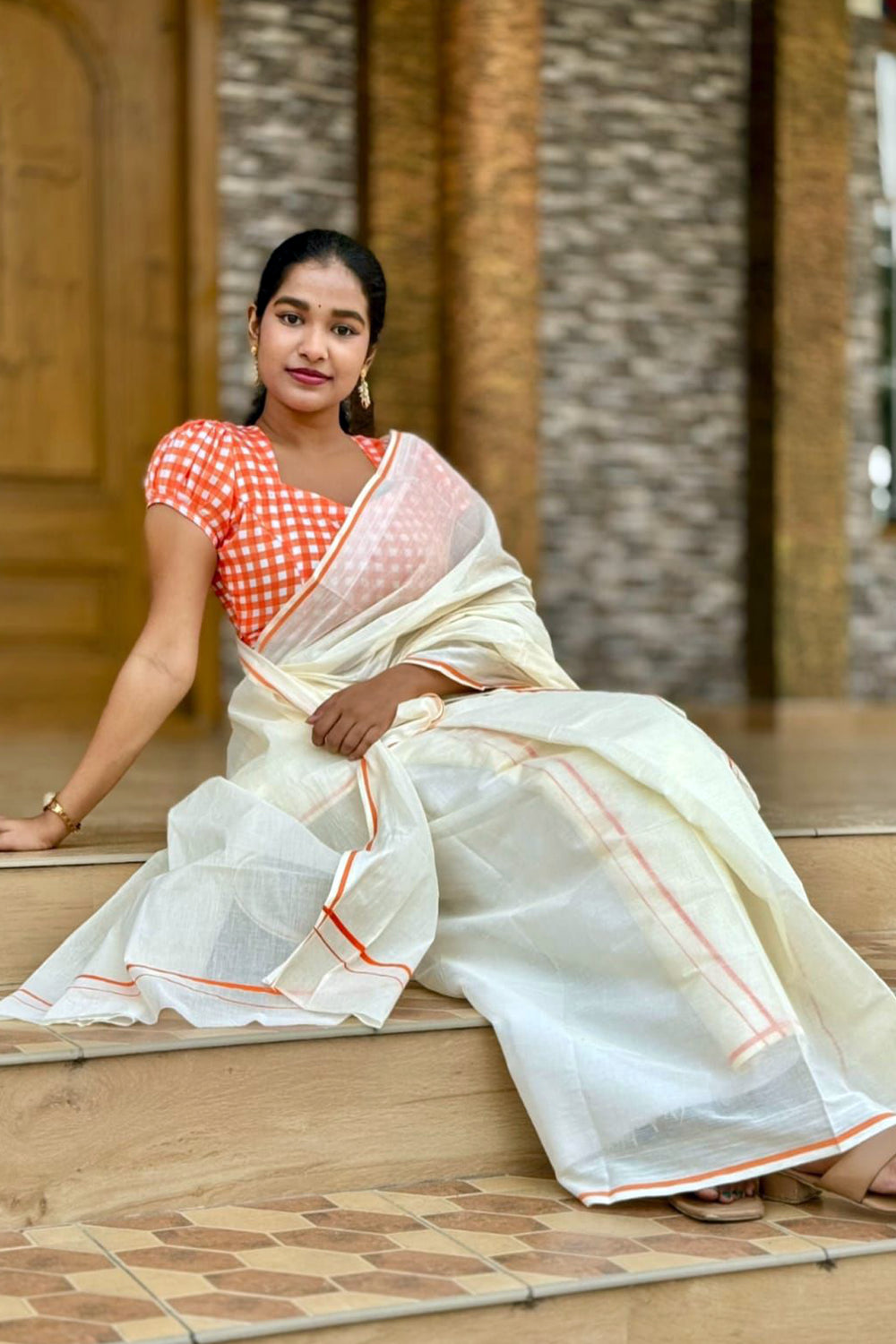 Tapasya -Orange Puliyilakkara Settu Mundu with Checked Blouse Material