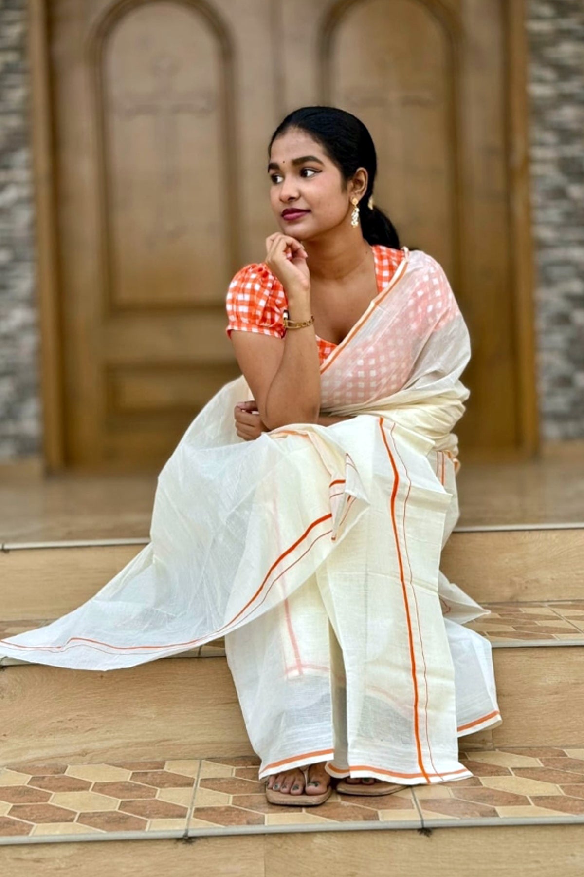 Tapasya -Orange Puliyilakkara Settu Mundu with Checked Blouse Material