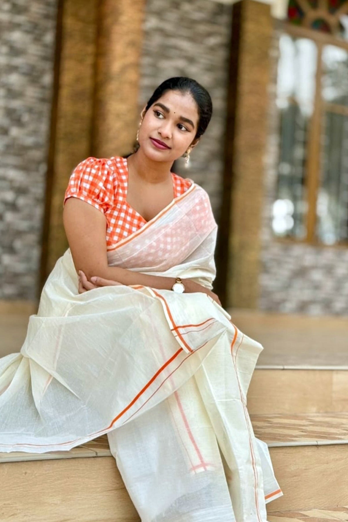 Tapasya -Orange Puliyilakkara Settu Mundu with Checked Blouse Material