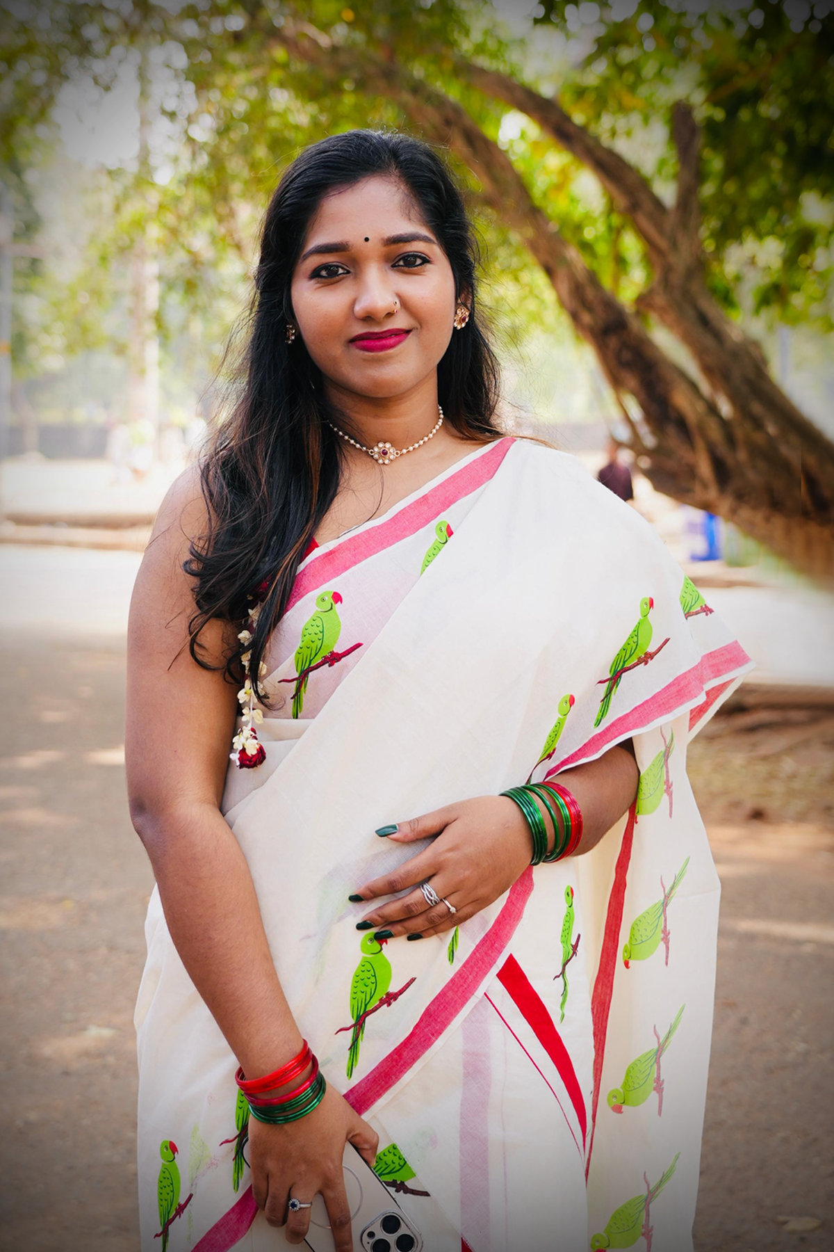Thatha Green Parrot Printed on Red Kattikkara Settumund with Plain Red Blouse Material