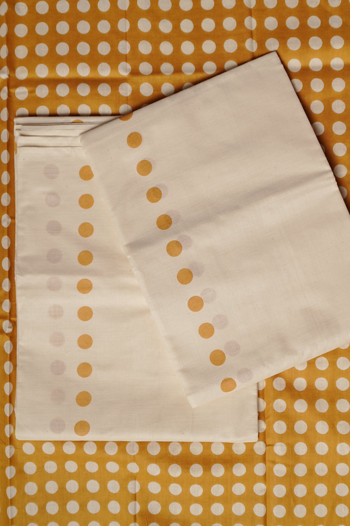 Yellow Pottu - Yellow color Dots Screen Printed Settumund with Matching Blouse Material