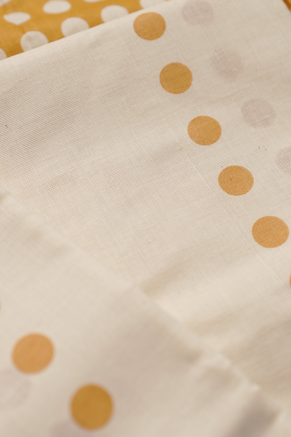 Yellow Pottu - Yellow color Dots Screen Printed Settumund with Matching Blouse Material