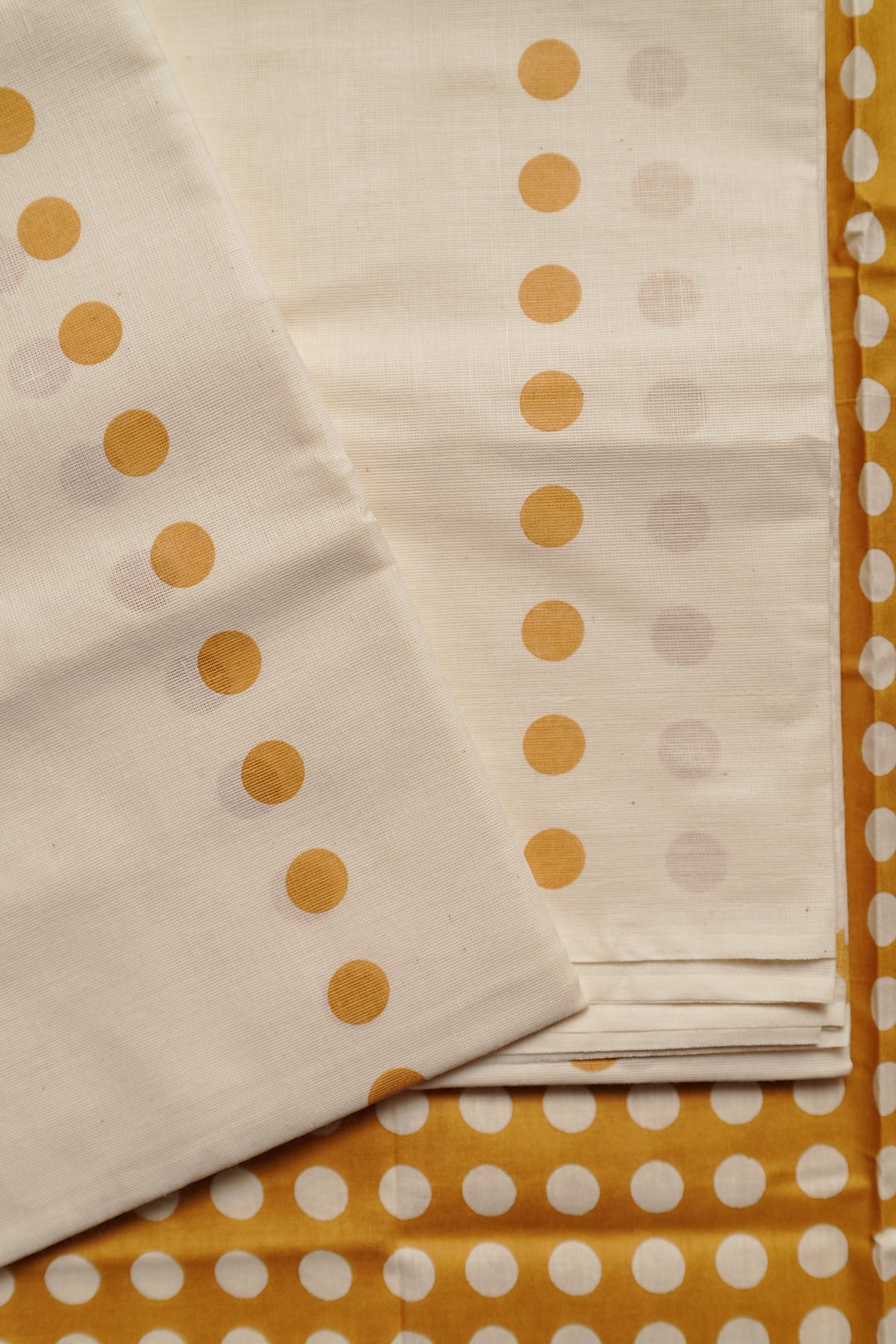 Yellow Pottu - Yellow color Dots Screen Printed Settumund with Matching Blouse Material