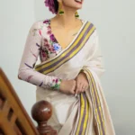 Keya – Rose Tissue Saree with Purple and Golden Borders