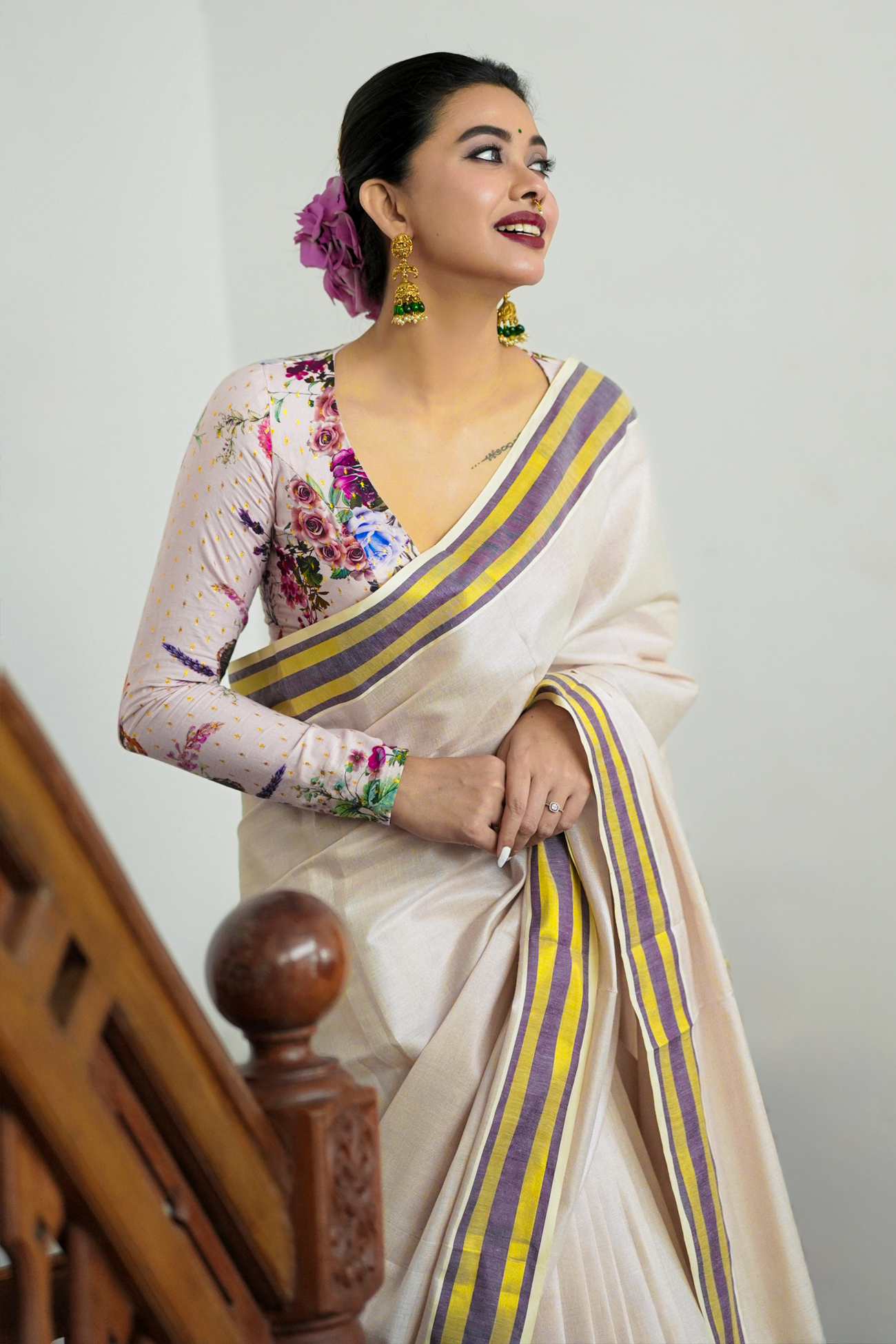 Keya – Rose Tissue Saree with Purple and Golden Borders