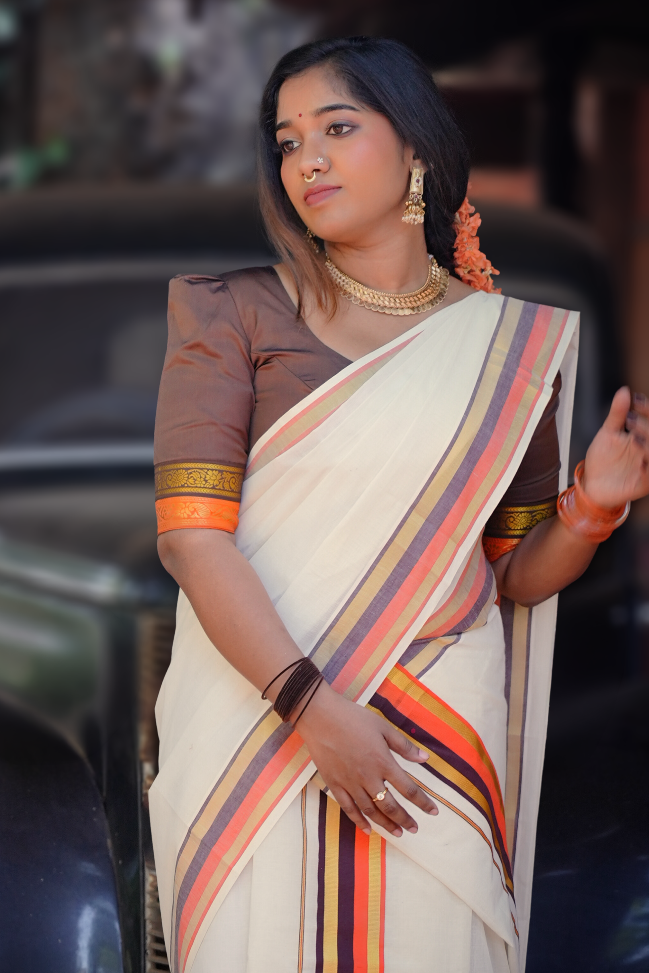 Kaveri – Rust Orange and Coffee Brown Kasavu Settumund with Matching Blouse Material