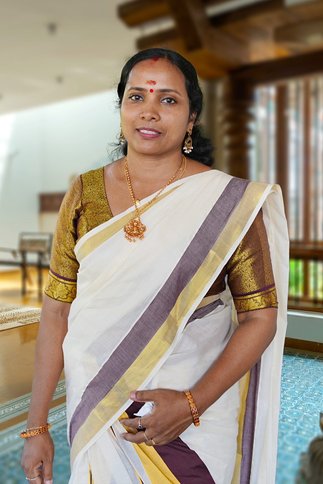 Smitha – Half & Half Brown and Golden Kasavu Settumund with Brocade Blouse Material