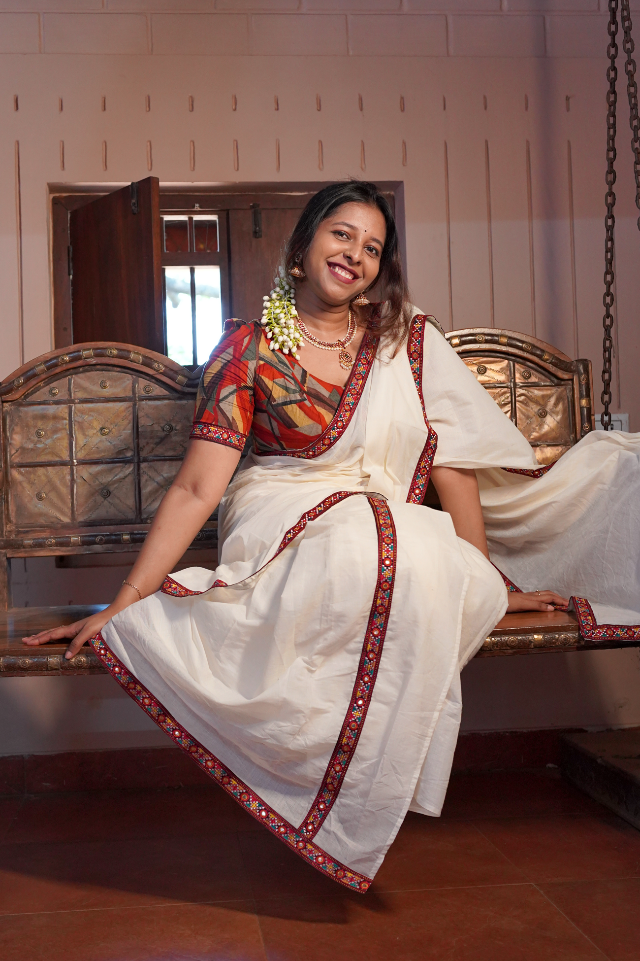 Sahrudaya– Mirror worked Lace border Stitched Settumund with Matching Blouse Material