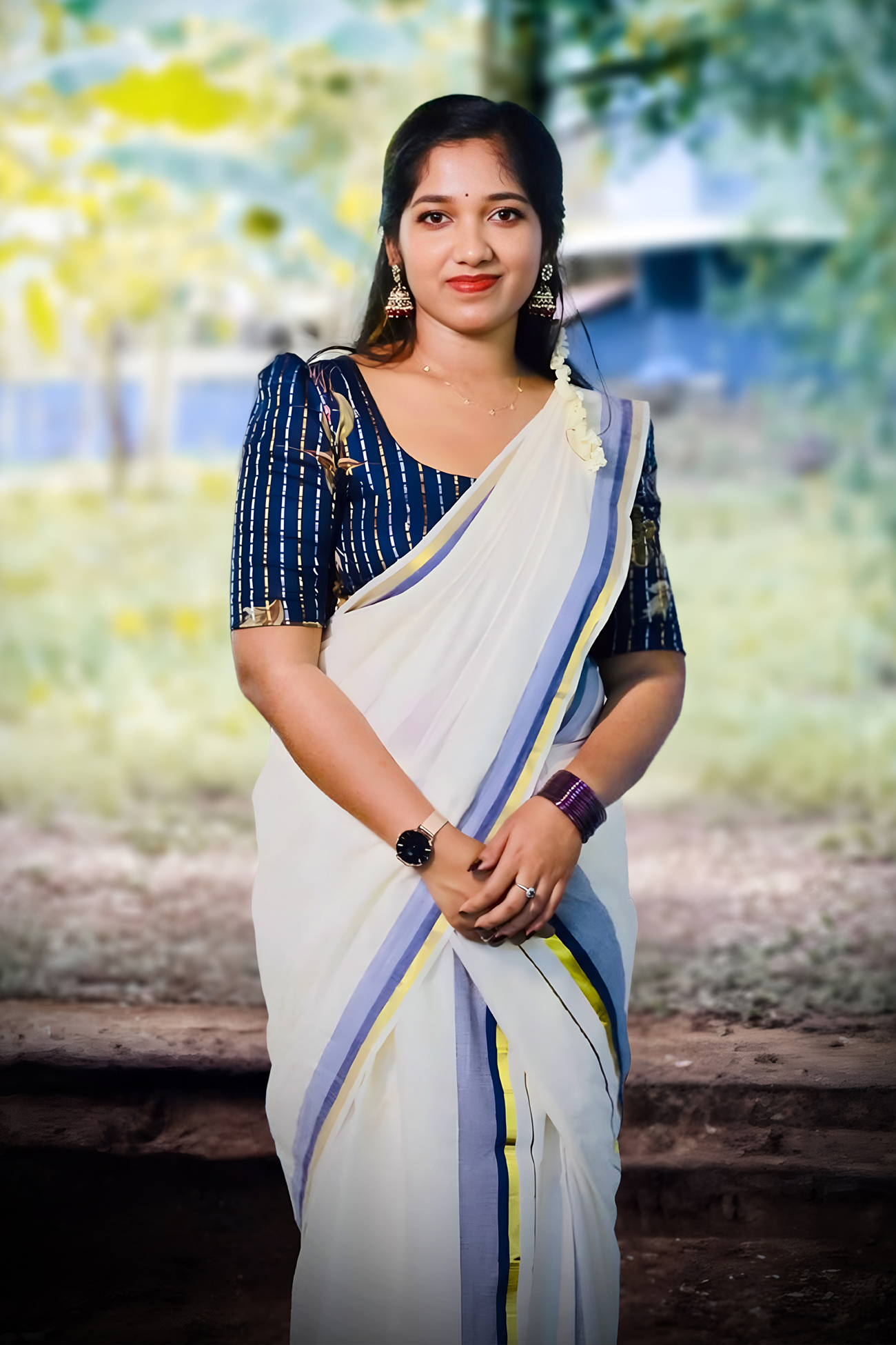 Neelima – Dark Blue and Golden Kasav Settumund with Designer Blouse Material