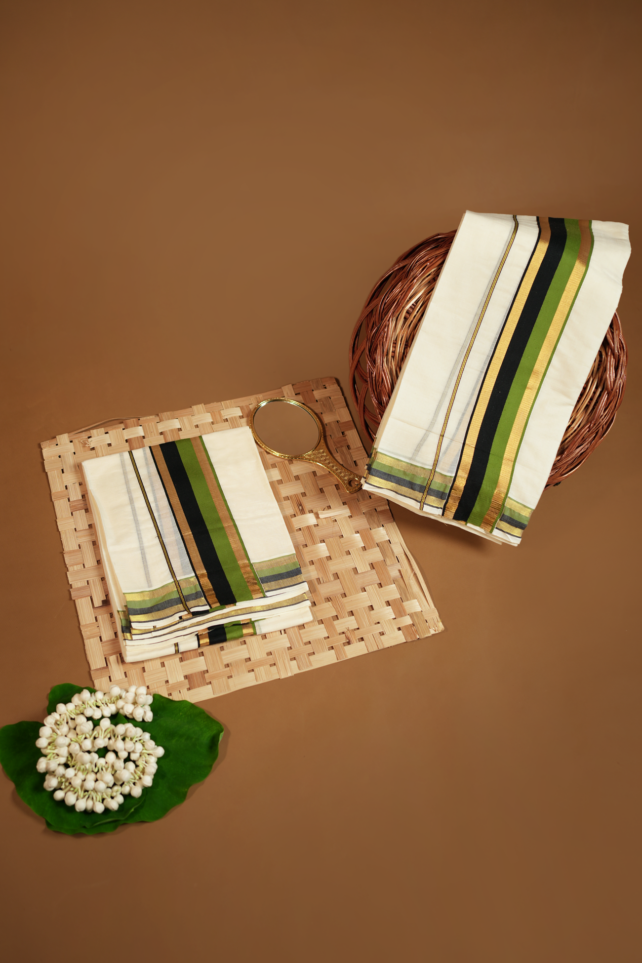 Smitha – Half & Half Brown and Golden Kasavu Settumund with Brocade Blouse Material